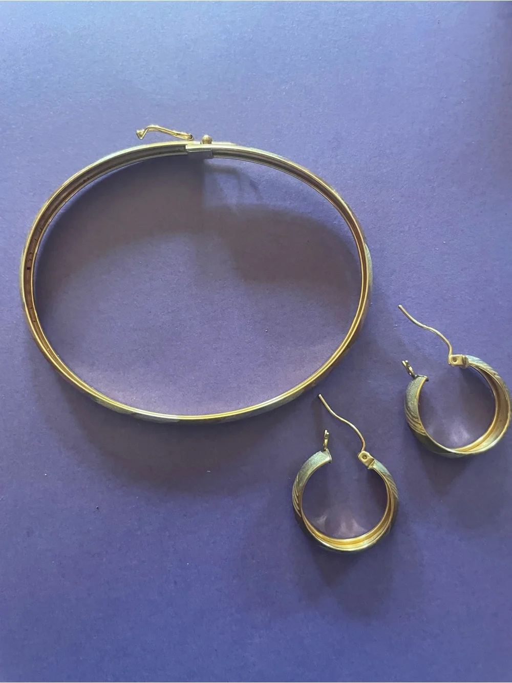 Two-Tone 10Kt Gold Hoop Earrings and Bangle Vintage Set - Picture 3 of 9